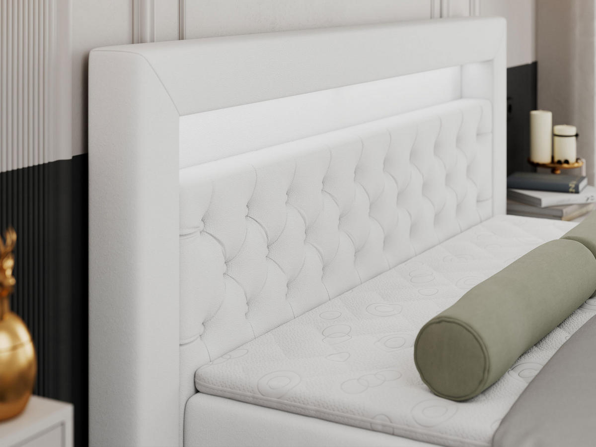 BOXBETT GOLD-9 LED 120/200 Weiß Kunstleder - H3 - Weiß, Holz/Textil (120/200cm) - MKS