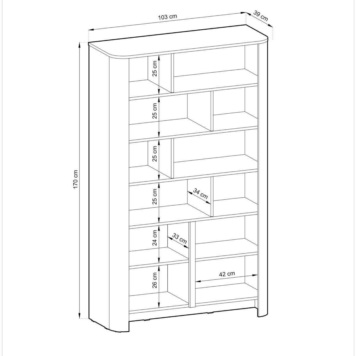 BÜCHERREGAL AMOS REG1-2D Abgerundeter Korpus, Eiche - Eichefarben, Holzwerkstoff/Kunststoff (103/170/39cm) - Komodee