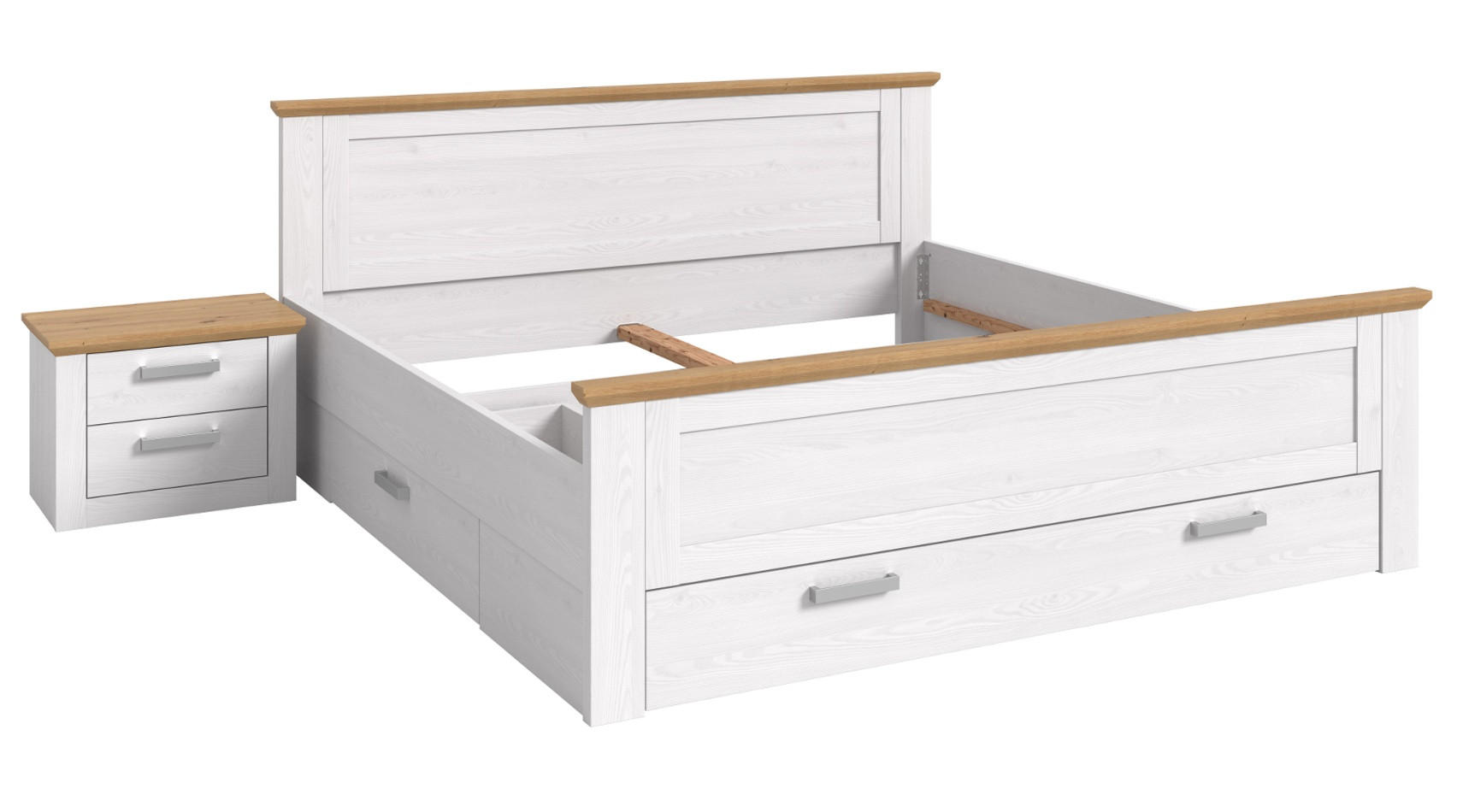 SCHLAFZIMMER weiß Lärche, Eiche Artisan Landhaus Set mit Bett inklusive Bettschubkästen, Nachttisch - Eichefarben/Silberfarben, Holzwerkstoff/Kunststoff (180/200cm) - Inn.Furn