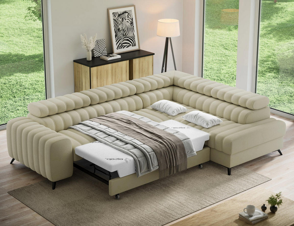 KANEDO Ecksofa mit Schlaffunktion und Bettkasten – Modernes Designsofa, verstellbare Kopfstützen, Metallfüße - Beige, Kunststoff (269/86cm) - Wohnideebilder
