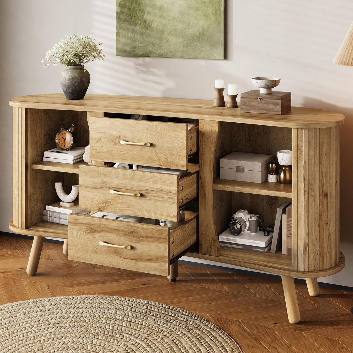 SIDEBOARD Skandi Holzoptik Schiebetüren Schubladen MDF - Honigeiche, Holzwerkstoff (36.5/75/150cm) - FLIEKS