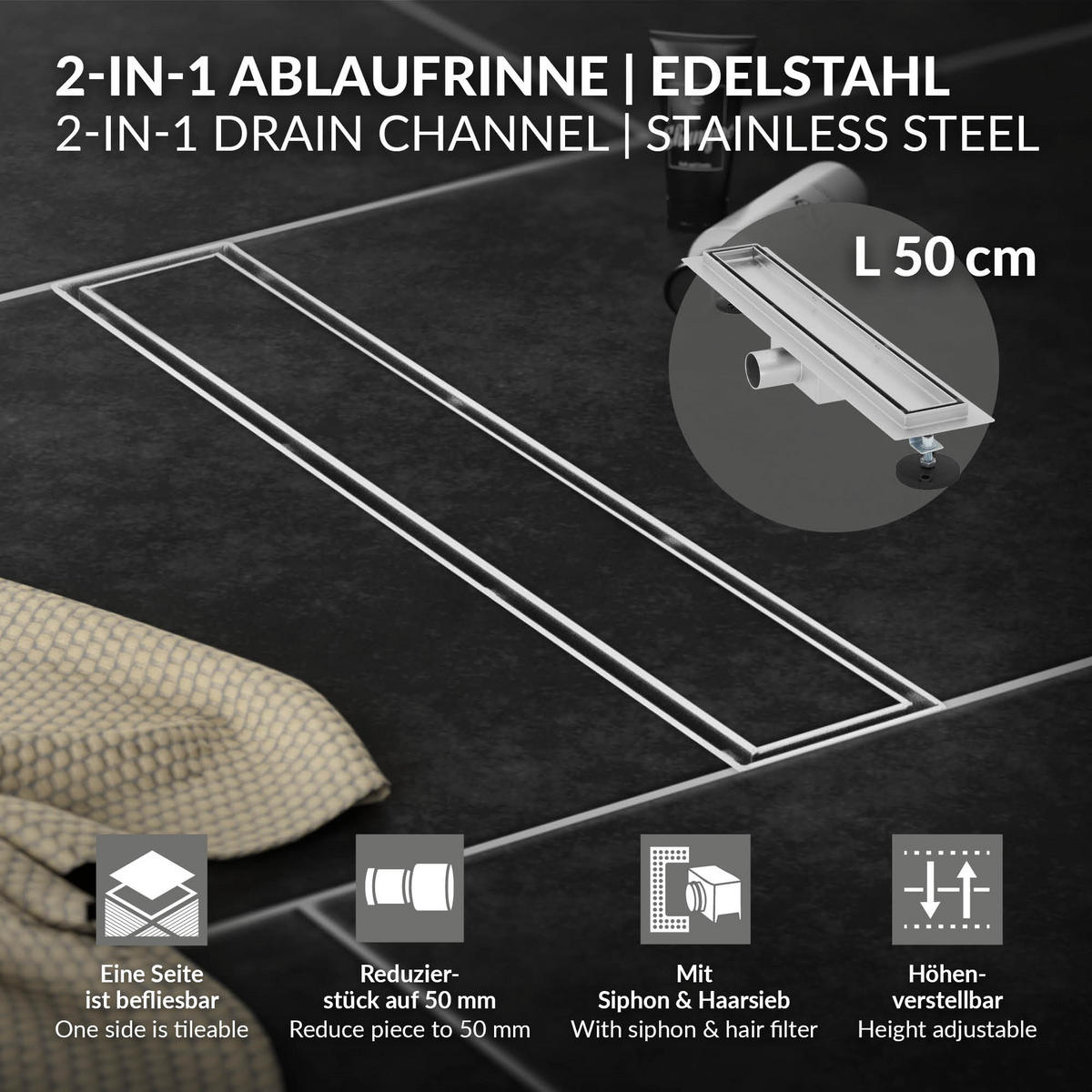 DUSCHRINNE 50cm - Silberfarben, Metall (13.9/7.8/54cm) - LuxeBath