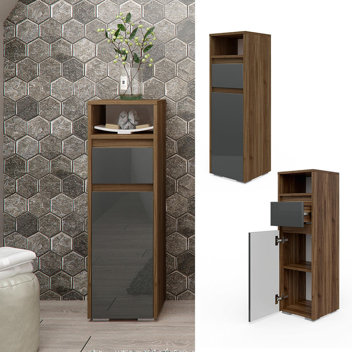 STŘEDNÍ SKŘÍŇKA Majest Antracitový vysoký lesk - barva vlašského ořechu/vysoce lesklá černá, kompozitní dřevo (30.2/96.3/30cm) - Vicco