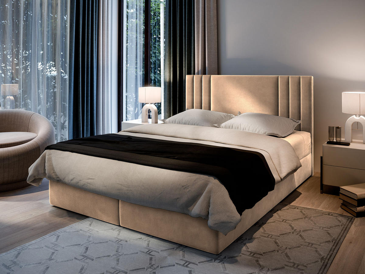 BOXBETT BRES 160x200 cm mit Matratze und Topper - Beige - Beige, Holz (160/200cm) - MASSENO