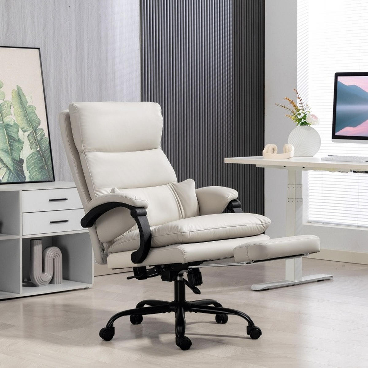 BÜROSTUHL höhenverstellbar mit Fußstütze Kunstleder Light Gray - Hellgrau, Kunststoff (60/121/66cm) - Meubliv