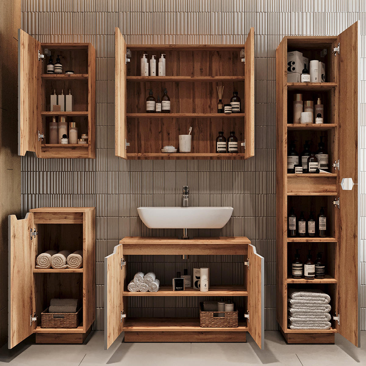 BADMÖBEL-SET Lotta Eiche/grau gestreift 3 Teile - Grau, Holzwerkstoff (79.6/62.1/32cm) - Vicco