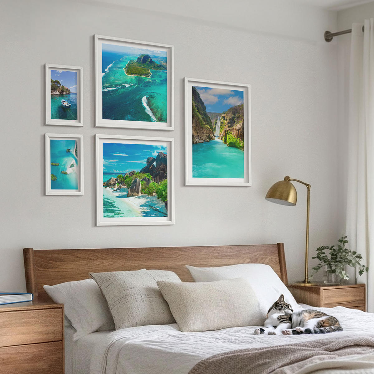 WANDBILDER 5er-Set - 50x50 cm & 20x30 cm & 40x60 cm Weißer Rahmen - Seeboote Hirsche Berge - Weiß, Kunststoff (40/60cm) - ArtPrintCave