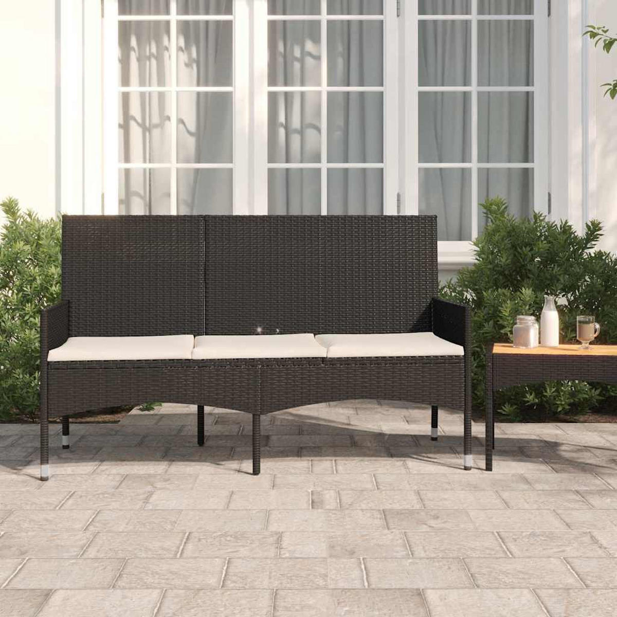 GARTENBANK 3-Sitzer mit Kissen Schwarz Poly Rattan - Schwarz/Weiß, Holz (140/85/51cm) - furnicato