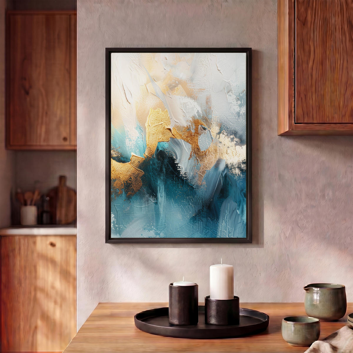 LEINWAND Bilder mit Rahmen - Abstrakt - Kunst - Gold - Blau - 30x40 - Petrol, Textil (30/40cm) - MuchoWow