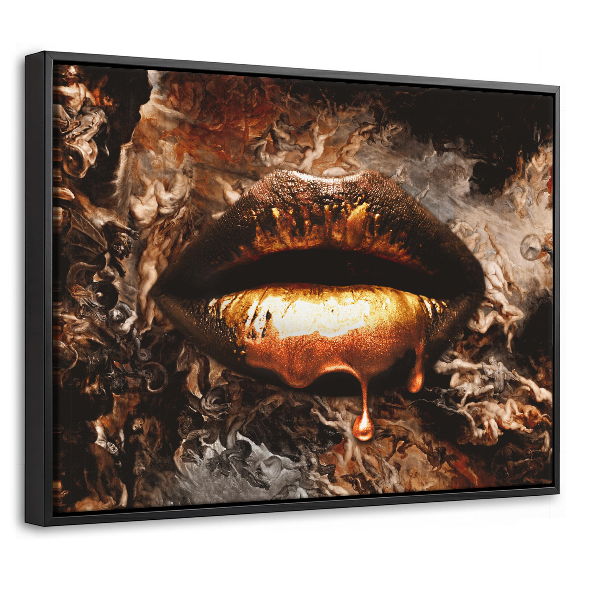 LEINWAND Bilder mit Rahmen - Gold - Lippen - Kunst - Gold - Luxus - Abstrakt - 40x30 - Kupferfarben, Textil (40/30cm) - MuchoWow