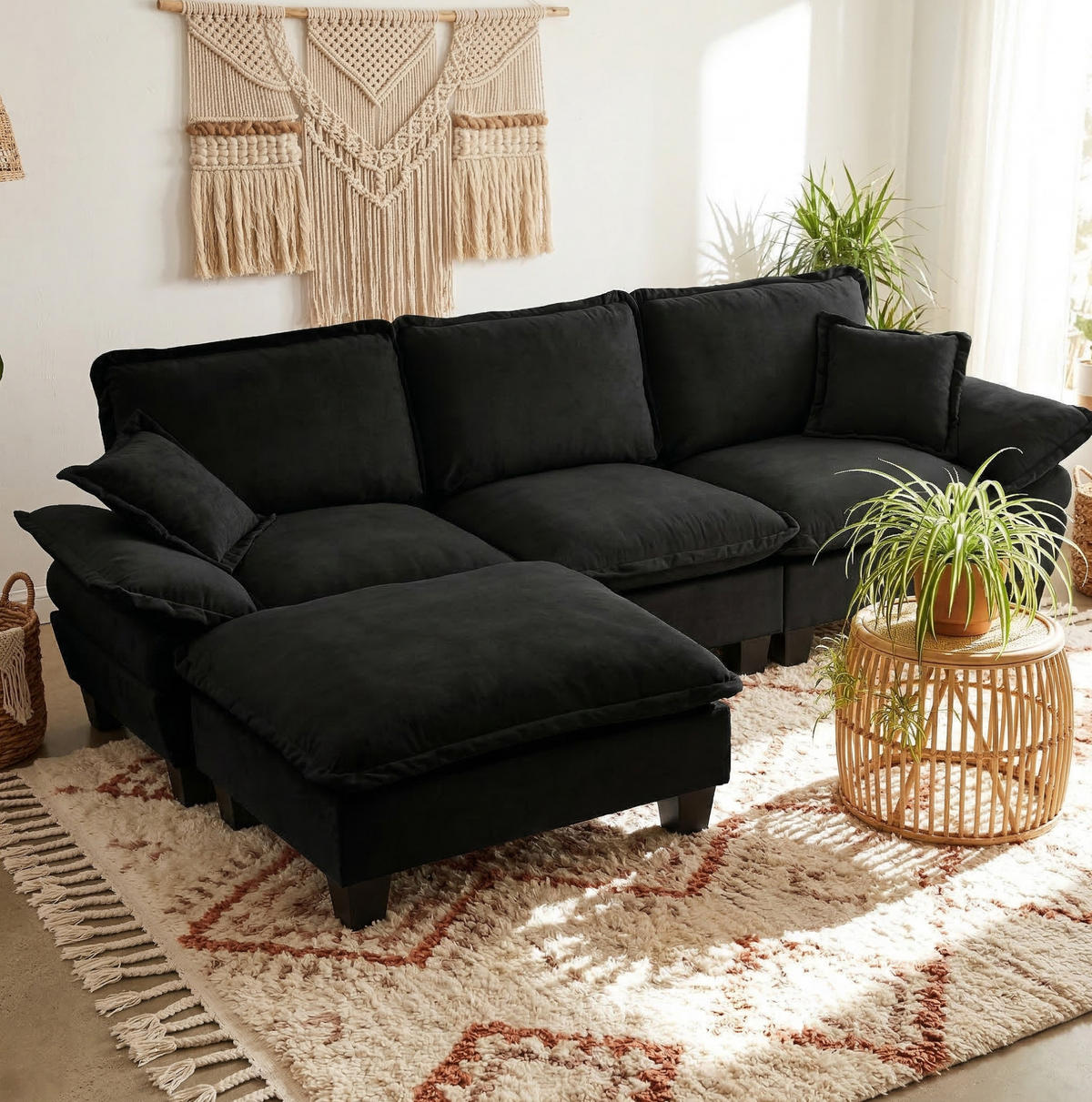 ECKSOFA aus Chenille 264x155x90 cm in Schwarz mit beweglicher Ottomane - Schwarz, Textil (155/90/264cm) - Modfu
