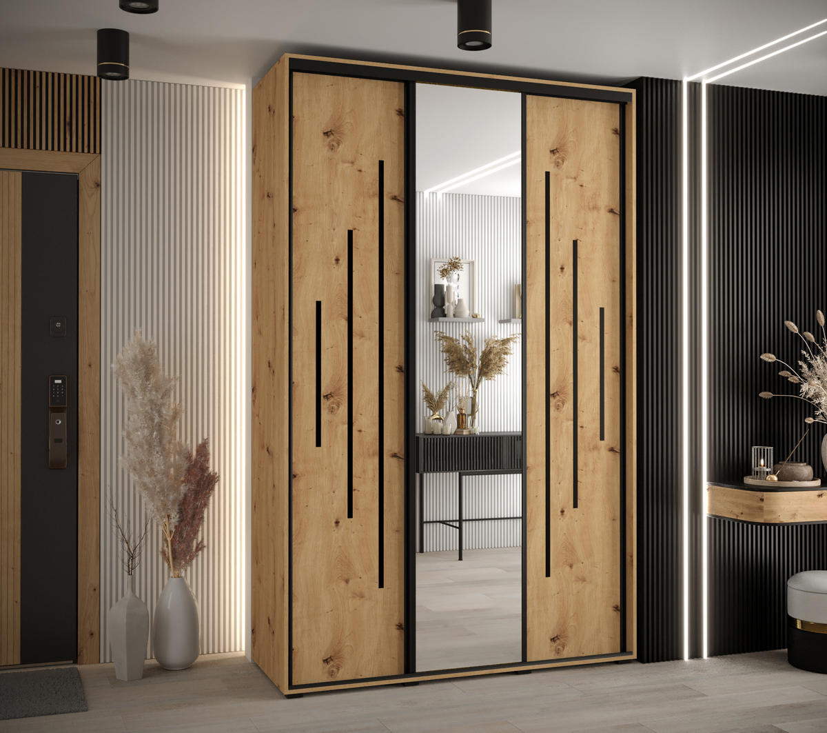 SCHWEBETÜRENSCHRANK 235,2/150/60 3-türig - Schwarz/Eiche Artisan, Holz/Metall (150/235/60cm) - Abiks Möbel