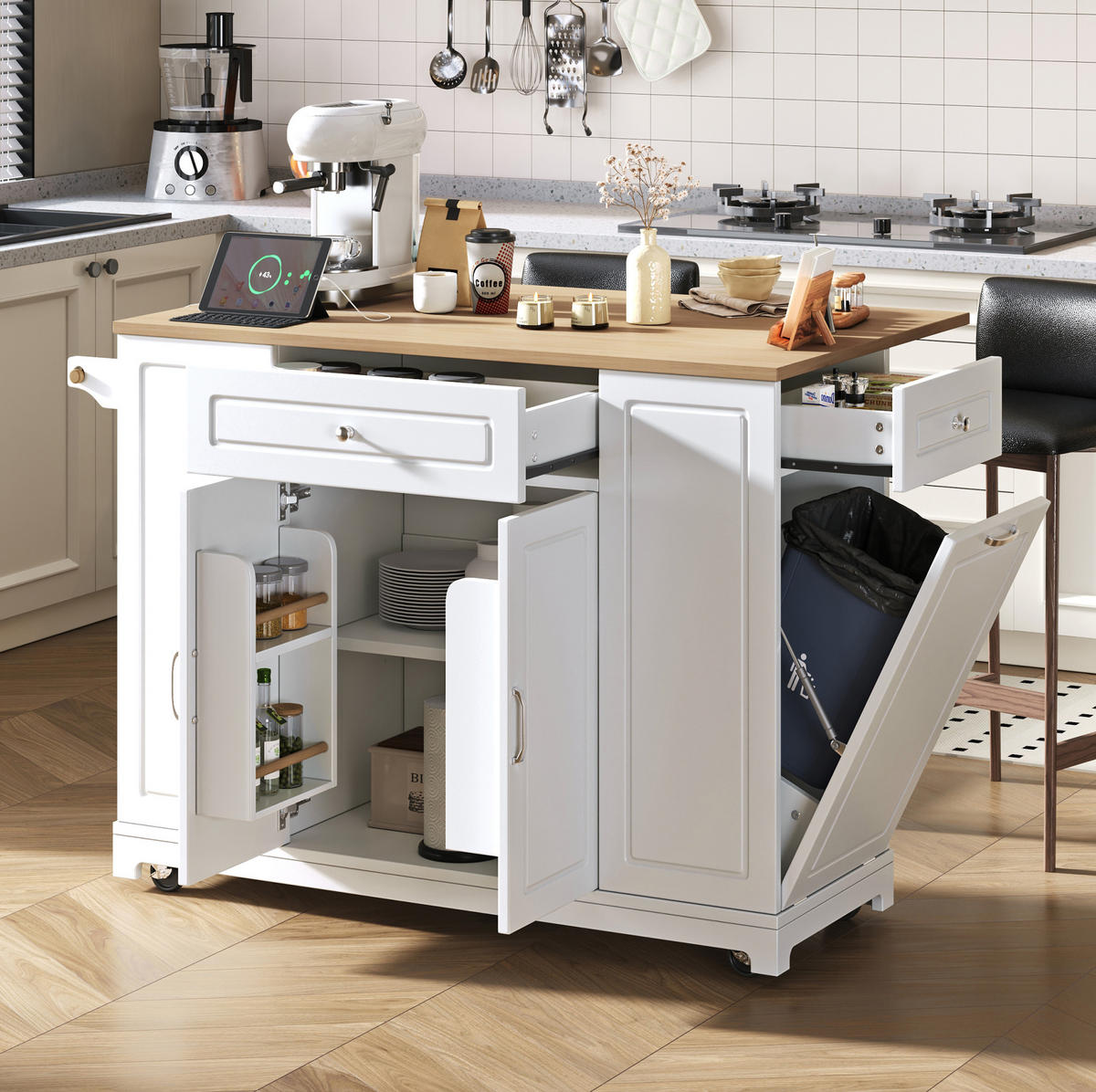 KÜCHENINSEL 131,8/93,3/40-70 cm Weiß/Natur aus MDF und Holzwerkstoff mit Rollen - Weiß, Holzwerkstoff (40/93.3/131.8cm) - OKMYHOME