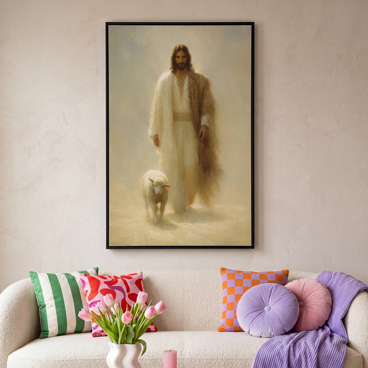 LEINWAND Bilder mit Rahmen - Schaf - Jesus - Pinselstriche - Abstrakt - 100x150 - Beige, Textil (100/150cm) - MuchoWow