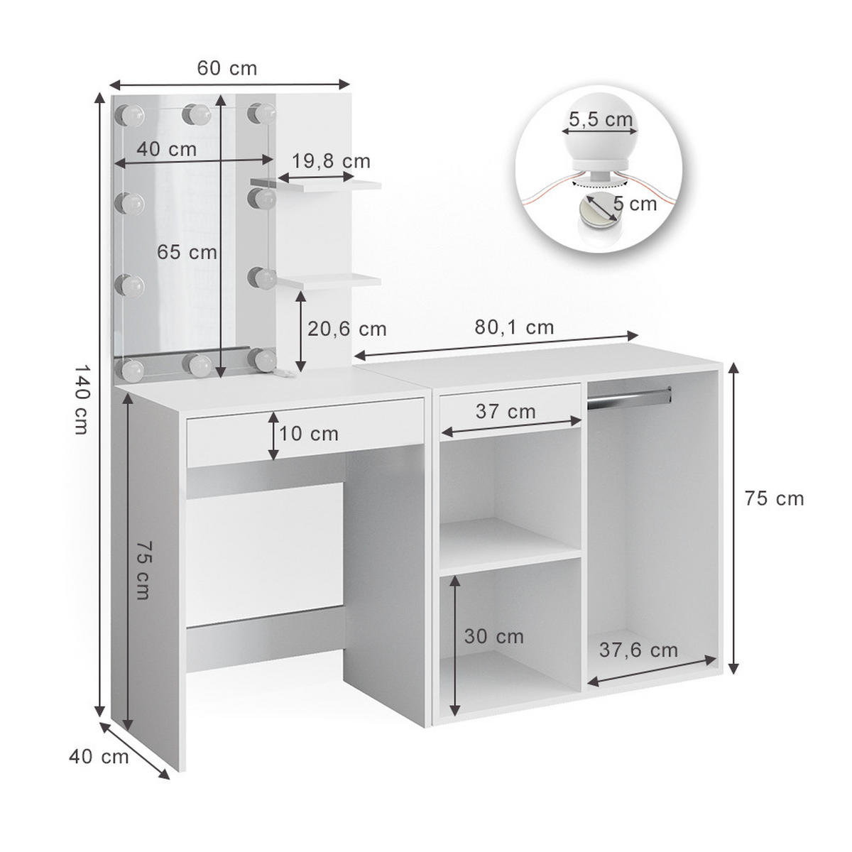 TOALETNÍ STOLEK Isabelle Bílá - bílá, kompozitní dřevo (140/140/40cm) - Vicco
