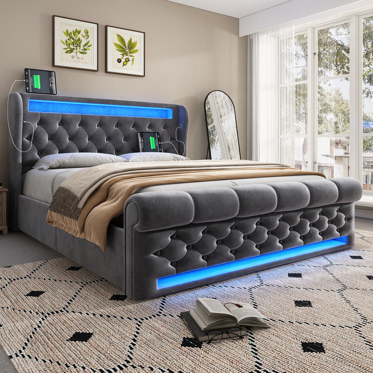 POLSTERBETT 140x200cm Doppelbett LED USB-C & Hydraulik Grau Samt - Grau, Holz (140/200cm) - FLIEKS