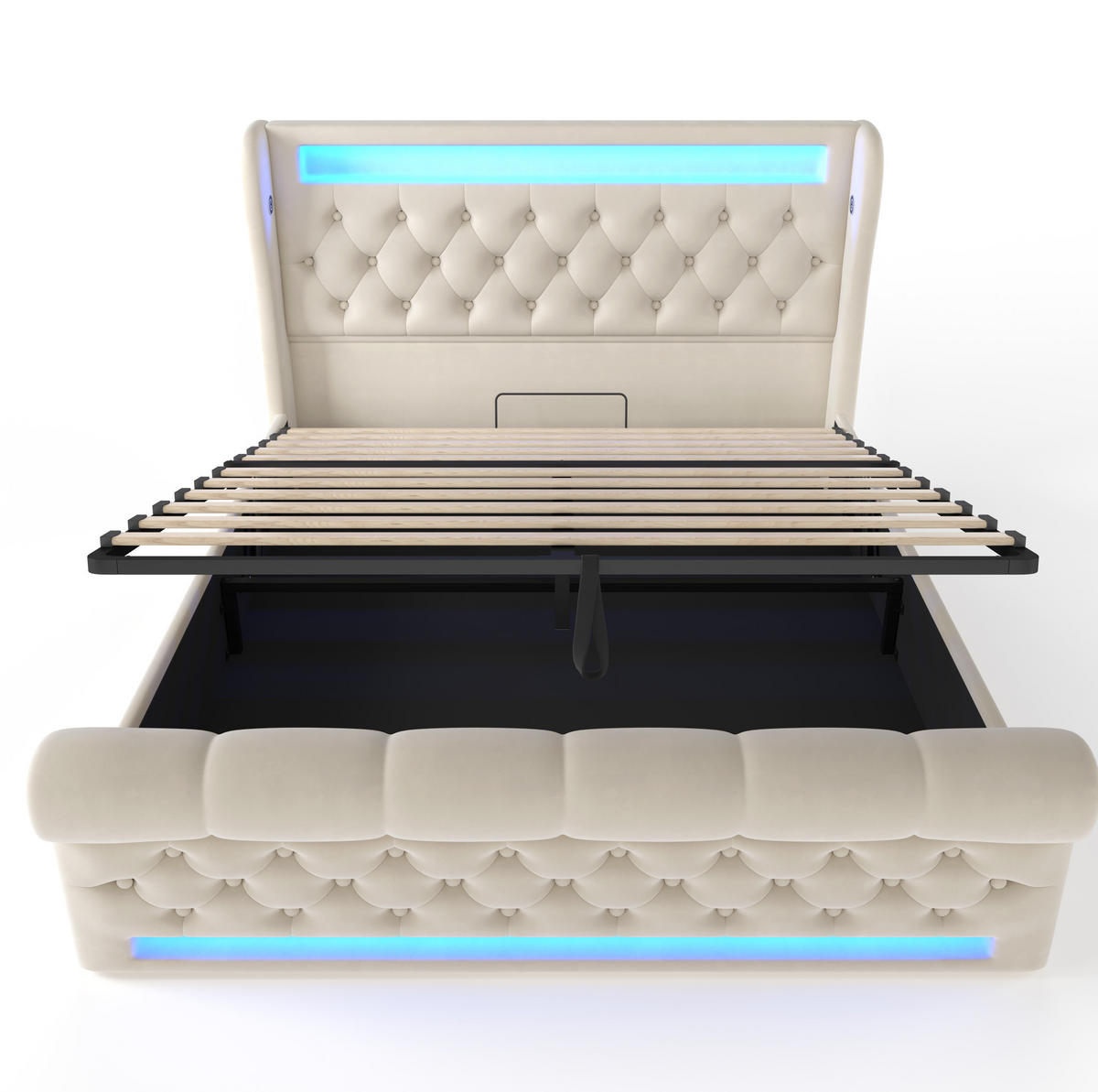 POLSTERBETT 140/200 cm Beige mit LED-Beleuchtung, Stauraum und USB- und Type-C-Anschlüssen - Beige, Textil (140/200cm) - Flora Grace