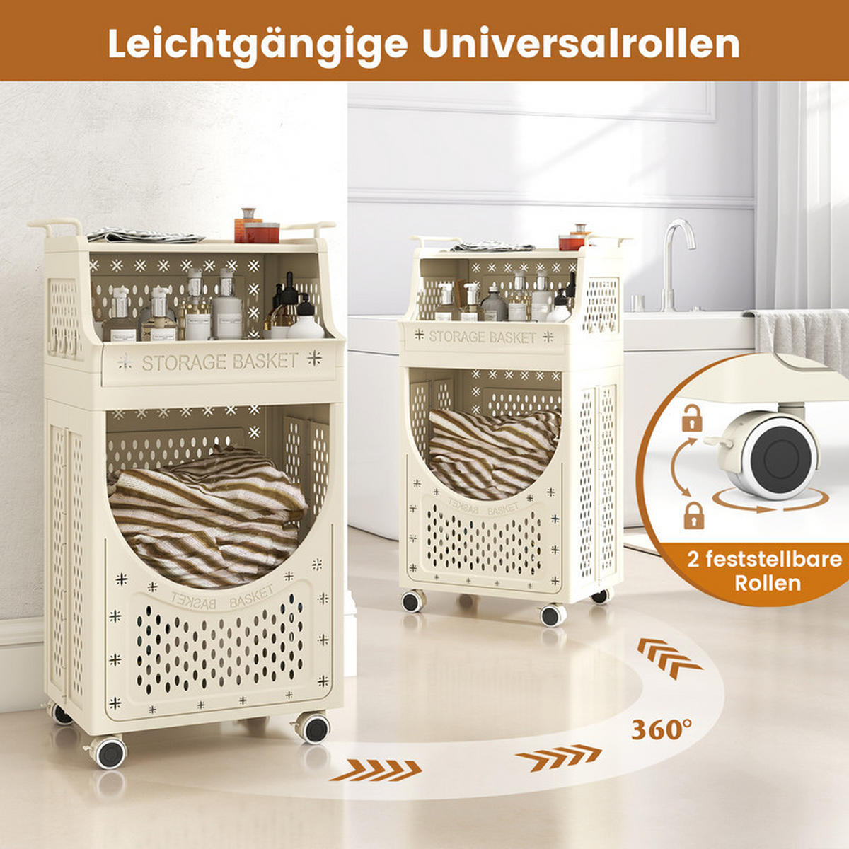 WÄSCHEKORBWAGEN Faltbarer beige - Beige, Kunststoff (40/78/30cm) - COSTWAY