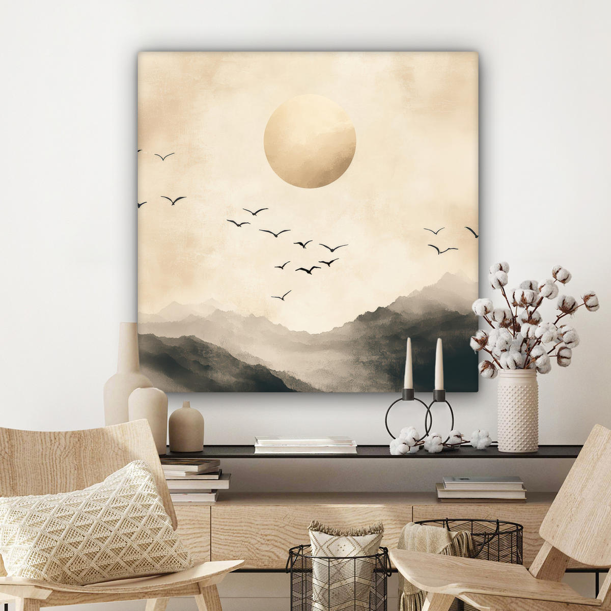 LEINWANDBILD Landschaft - Japandi - Vogel 90x90 cm - Beige, Textil (90/90cm) - MuchoWow