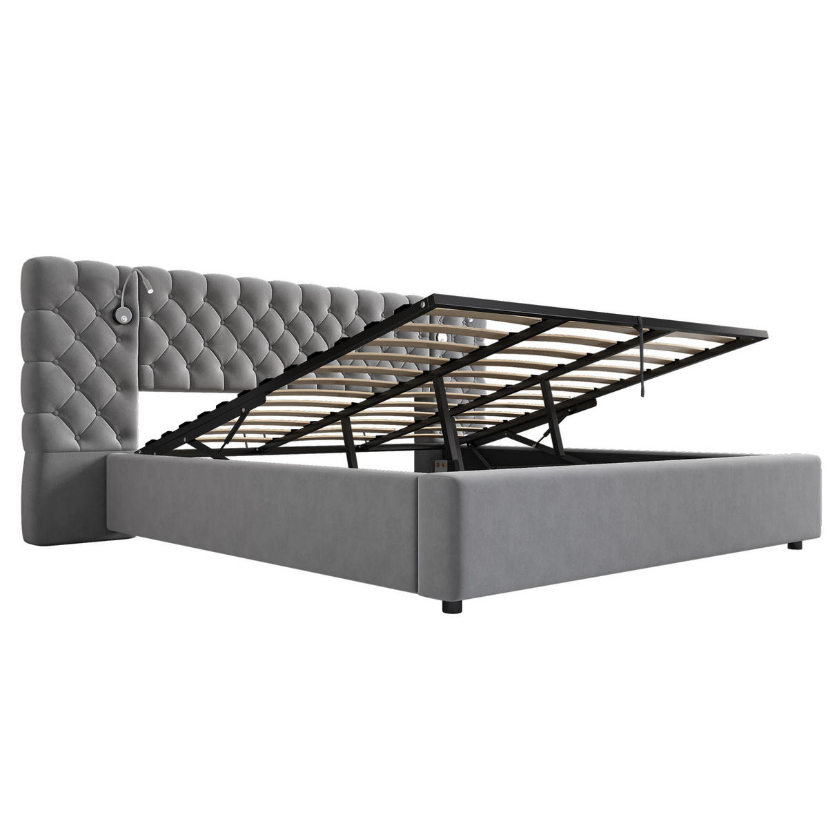 SAMT-POLSTERBETT 180/200 cm mit Bettkasten, LED-Beleuchtung und Lattenrost - Grau, Textil (180/200cm) - BEAOK