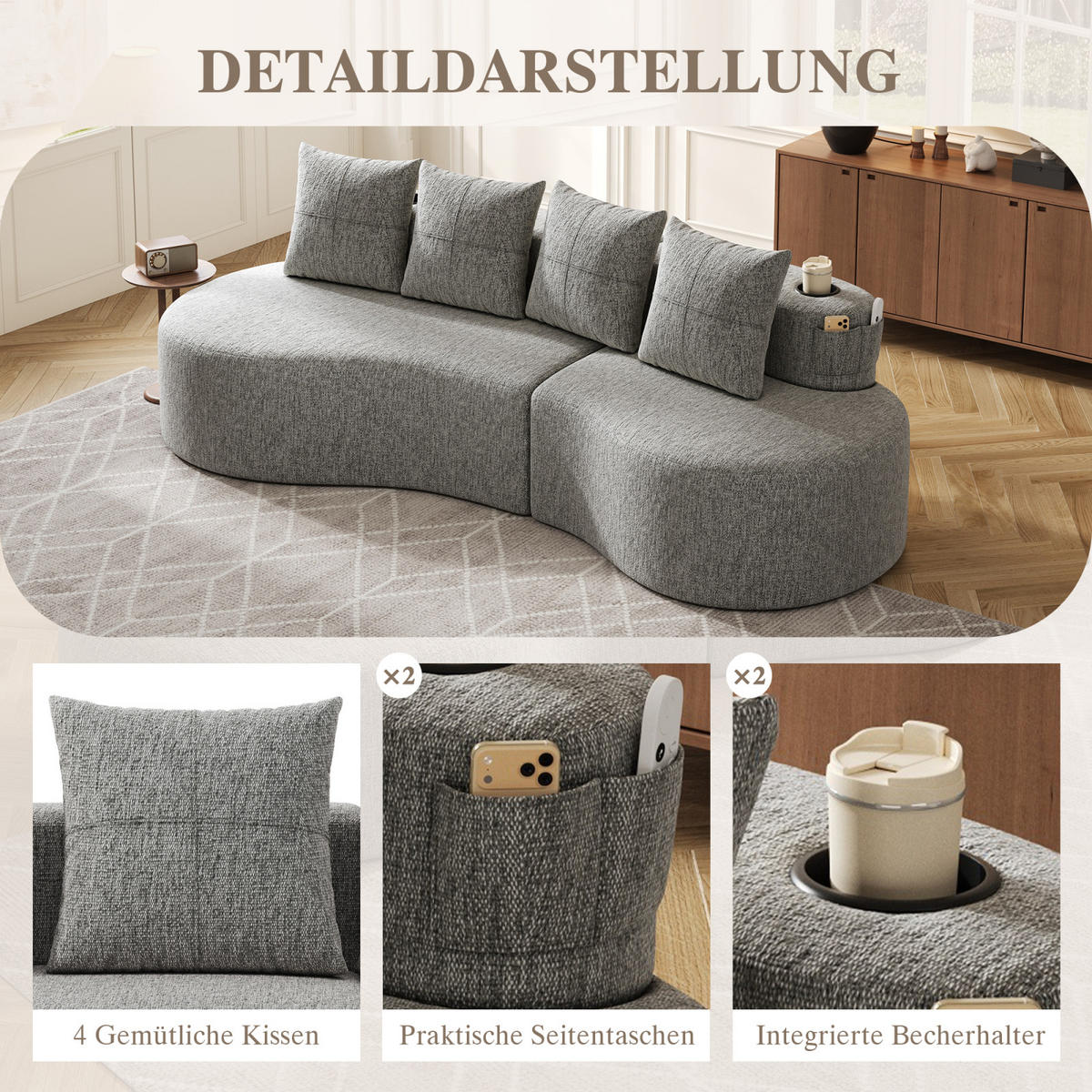 SOFA 240 cm mit 4 Kissen, Becherhalter & Seitentaschen,Stoffsofa Grau - Grau, Textil (240/63/109cm)