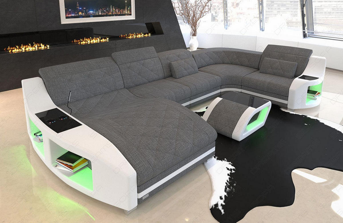 WOHNLANDSCHAFT Stoff Sofa Swing U Form Grau Weiß Strukturstoff - Grau, Kunststoff (404/90/220cm)