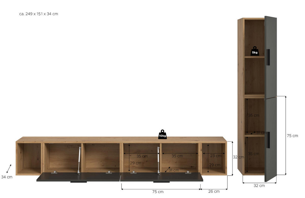 WOHNWAND grau, Eiche Artisan 249 x 184 cm, Wohnkombination hängend / stehend - Schwarz/Eiche Artisan, Holzwerkstoff/Kunststoff (249/184/34cm) - Inn.Furn