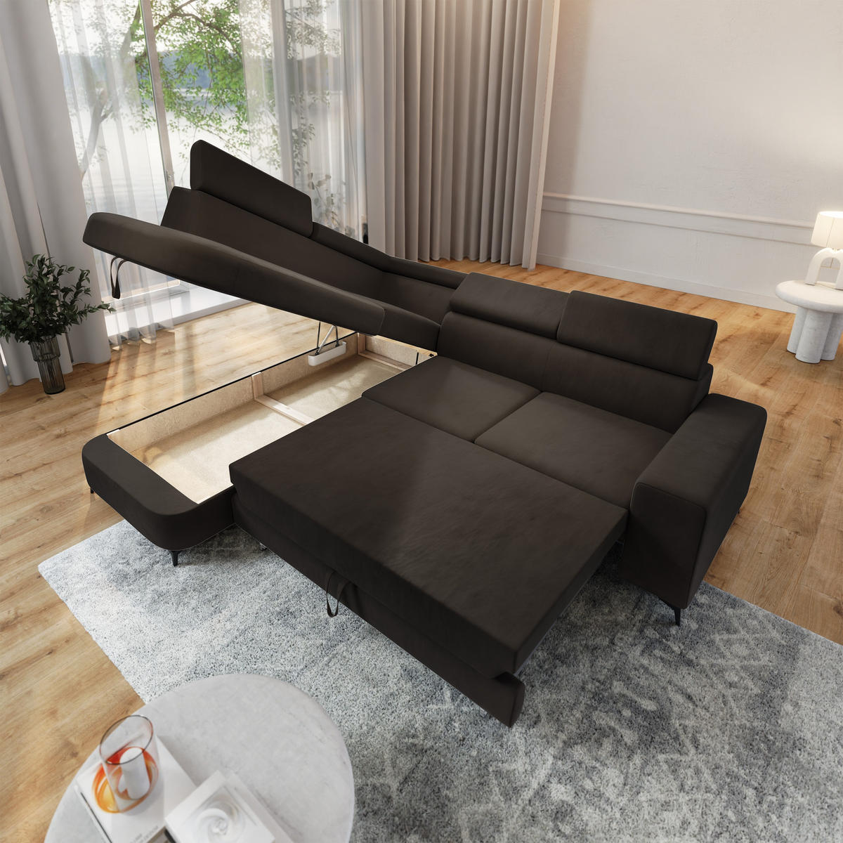 ECKSOFA ALVORO L-S Braun Velours-Stoff mit Schlaffunktion - Braun, Holz (253/190cm) - MASSENO