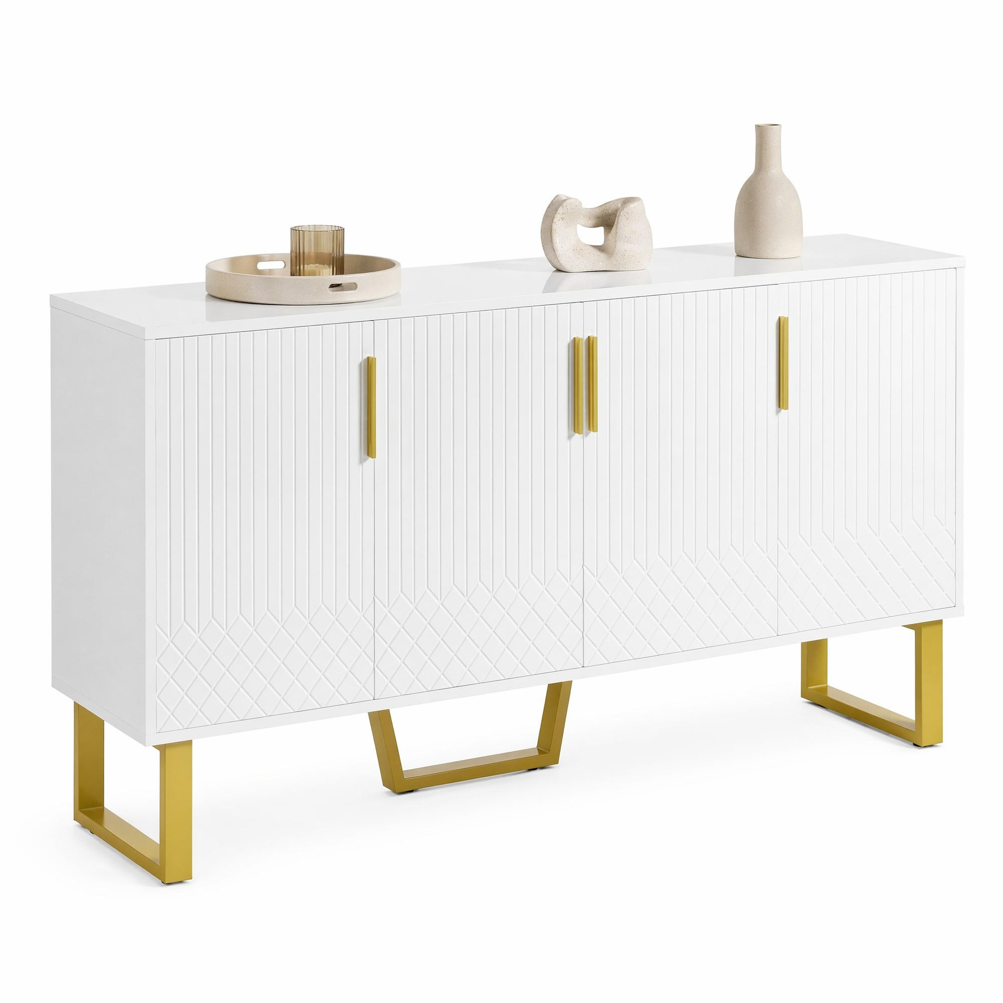 SIDEBOARD in Weiß Anrichte mit 4-Türen-Design und Metallgriffen für Wohnzimmer und Schlafzimmer, B140/T40/H80 cm - Goldfarben/Weiß, Holzwerkstoff/Metall (140/80/40cm) - STILVORA
