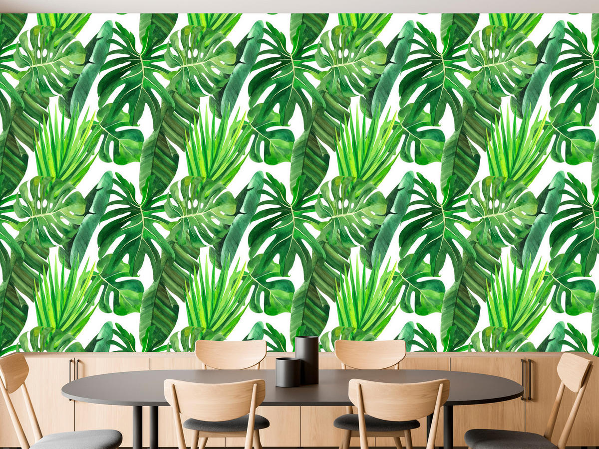VLIESTAPETE Monstera und Bananenblätter – Grün, Weiß – 50x1000 cm - Weiß/Grün, Papier (50/1000cm) - Muralo