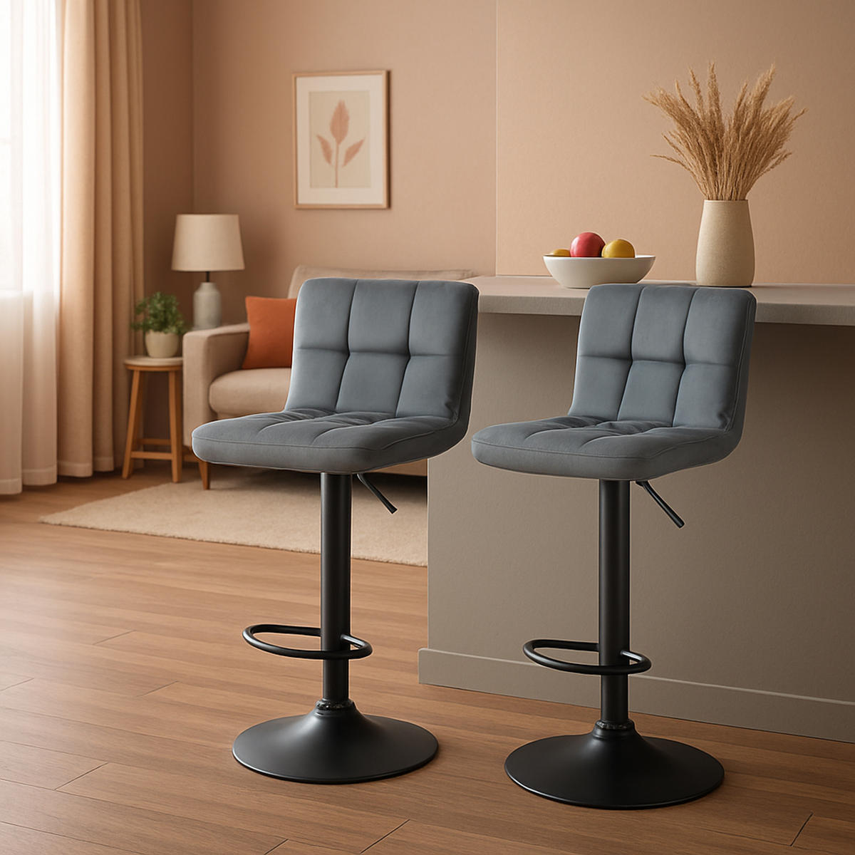 BARHOCKER 2er Set Peran Samt schwarz dunkelgrau - Dunkelgrau/Schwarz, Textil/Metall (46/114/47cm) - TPFLiving