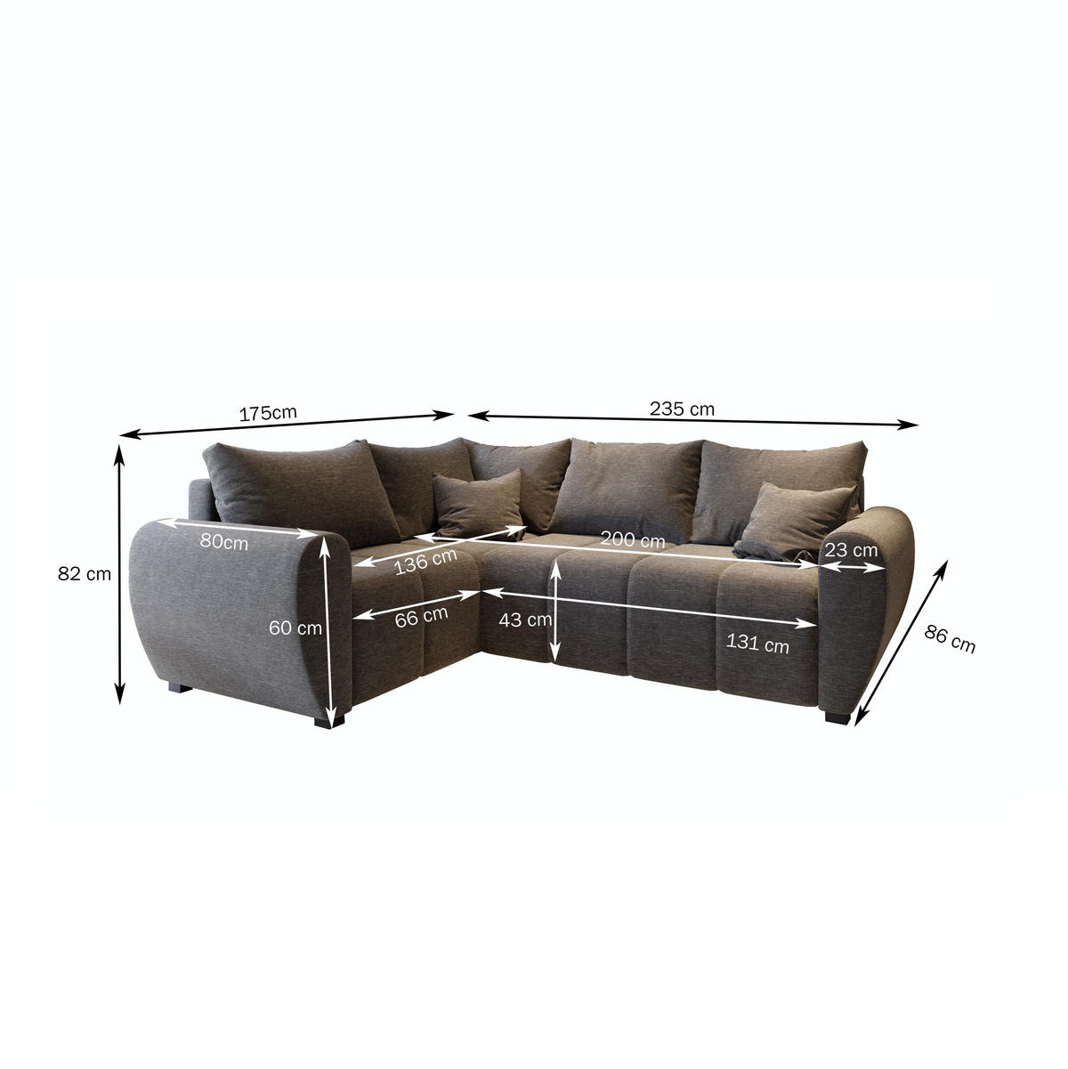 ECKSOFA MADISON L L-S Braun Plüsch-Stoff mit Schlaffunktion - Braun, Holz (235/175cm) - MASSENO