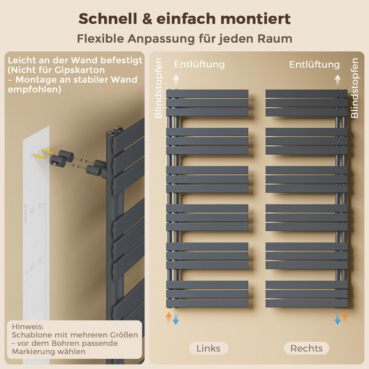HEIZKÖRPER 132/50 cm Anthrazit Warmwasser aus Stahl 695 W mit Mittelanschluss G1/2" - Anthrazit, Metall (50/132/5.9cm) - S'AFIELINA
