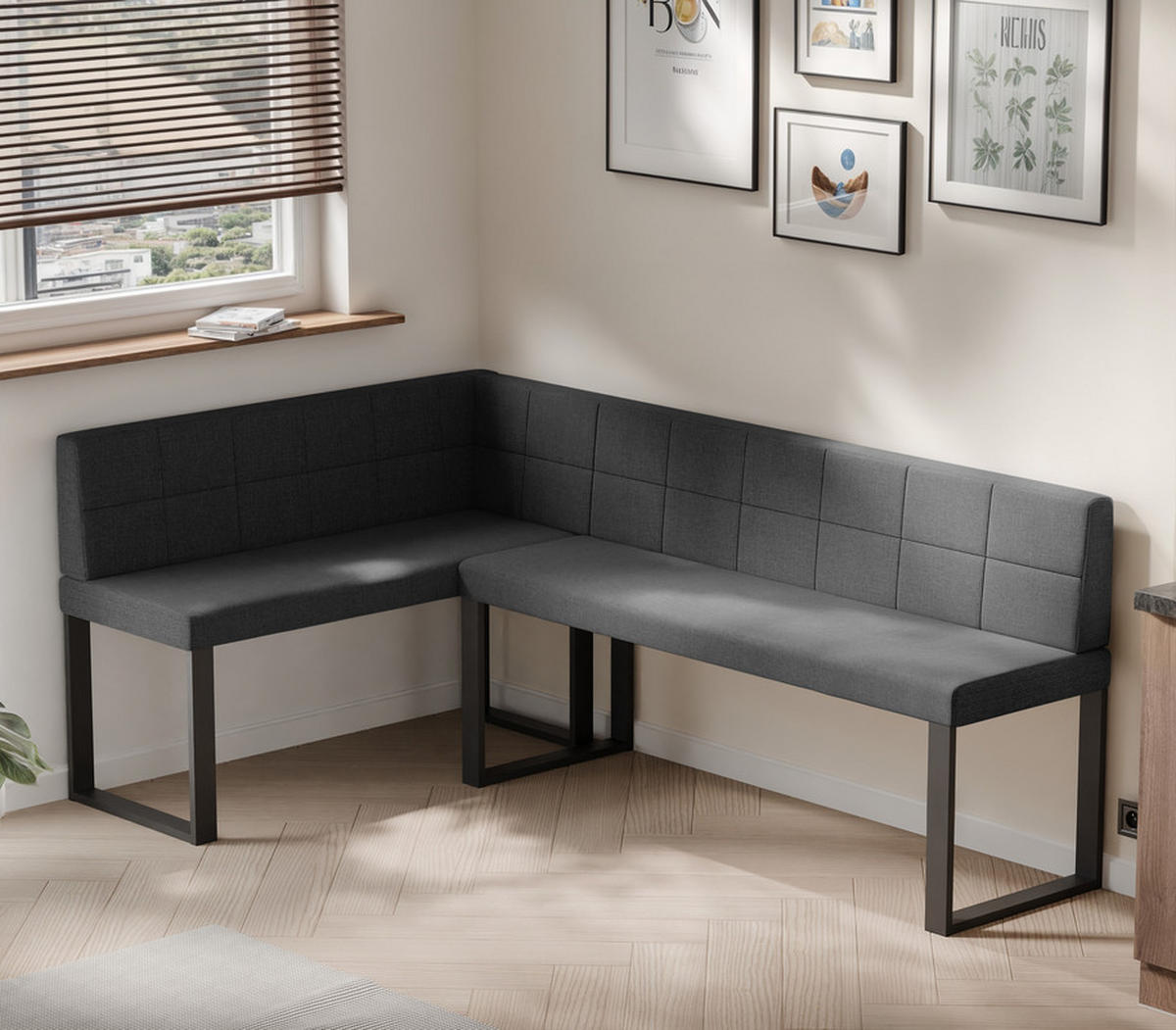 ECKBANK links SANA U Webstoff gesteppt, 142/196 cm Anthrazit - Anthrazit, Textil/Metall (142/196cm) - Idohome