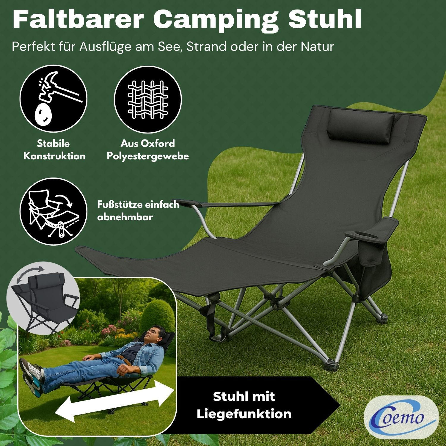 GARTEN LIEGESTUHL klappbar in Schwarz - Schwarz, Metall (53/88/156cm) - Coemo