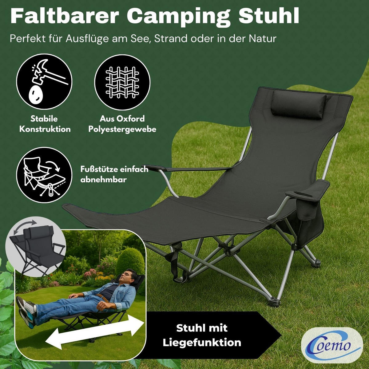 GARTEN LIEGESTUHL klappbar in Schwarz - Schwarz, Metall (53/88/156cm) - Coemo