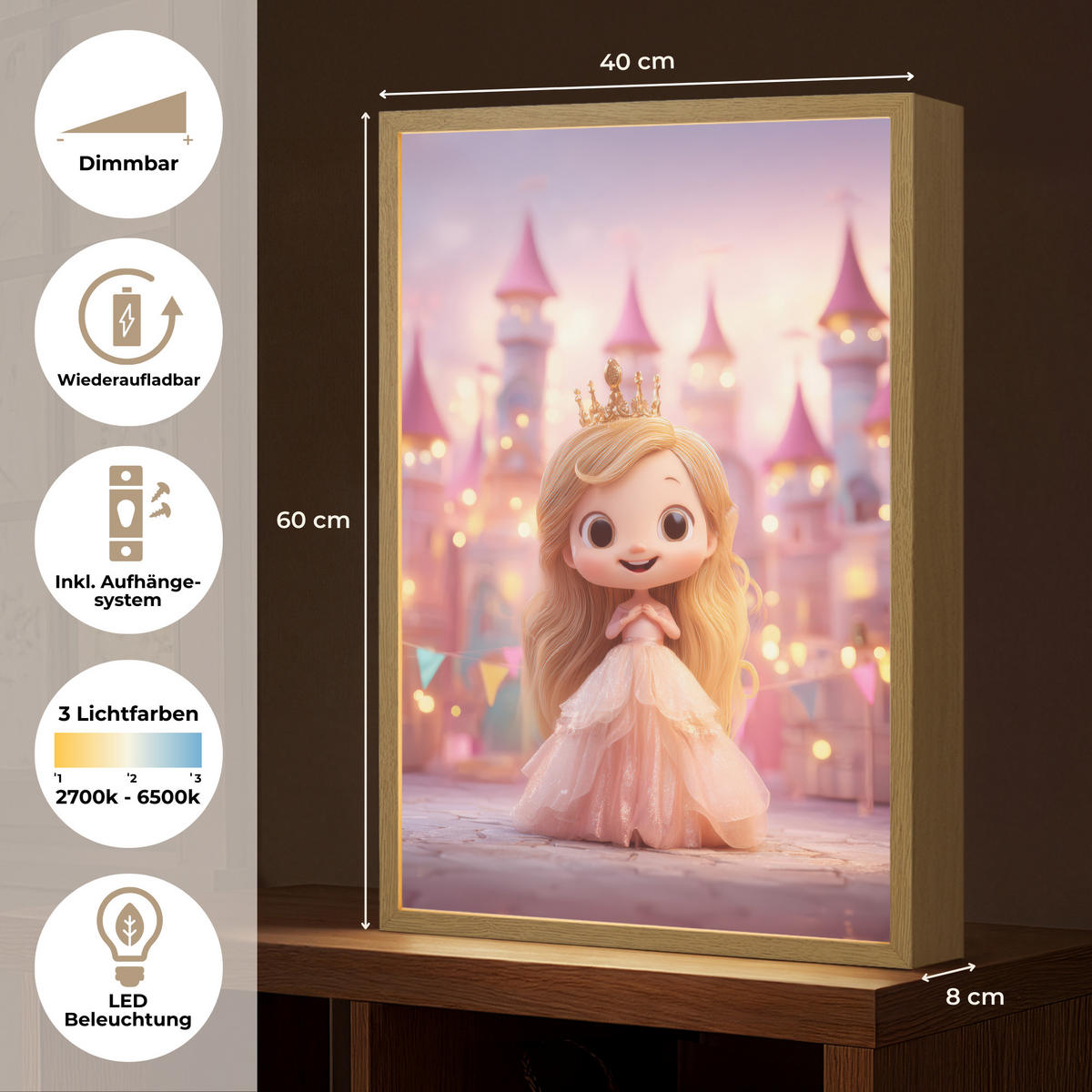 DOBÍJECÍ NOČNÍ LAMPIČKA Princezna - Růžová - Zámek 40x60 cm - růžová, kompozitní dřevo (8/40/60cm) - OnlyWow