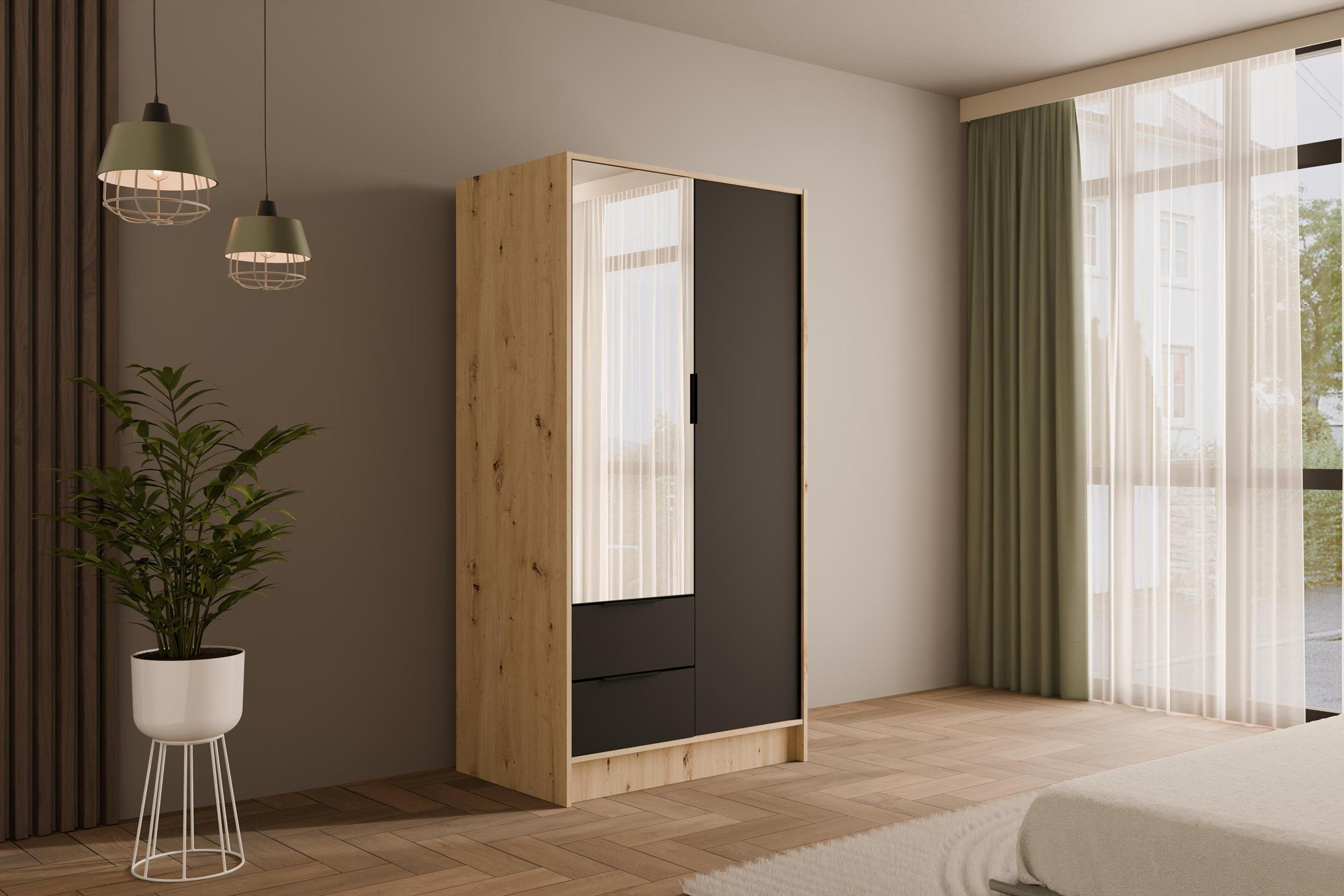 KLEIDERSCHRANK mit Spiegel und Flügeltüren KOLIN 100x200cm Artisan/Schwarz - Schwarz/Eiche Artisan, Holzwerkstoff (102/200/51cm) - ALTDECOR