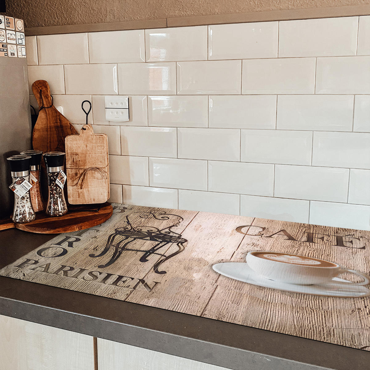 HERDABDECKPLATTE Bistro Parisien - Café - Kaffee - Jahrgang Induktionsschutz 91.2x52 cm - Cappuccino, Kunststoff (91.2/52/0.2cm) - MuchoWow