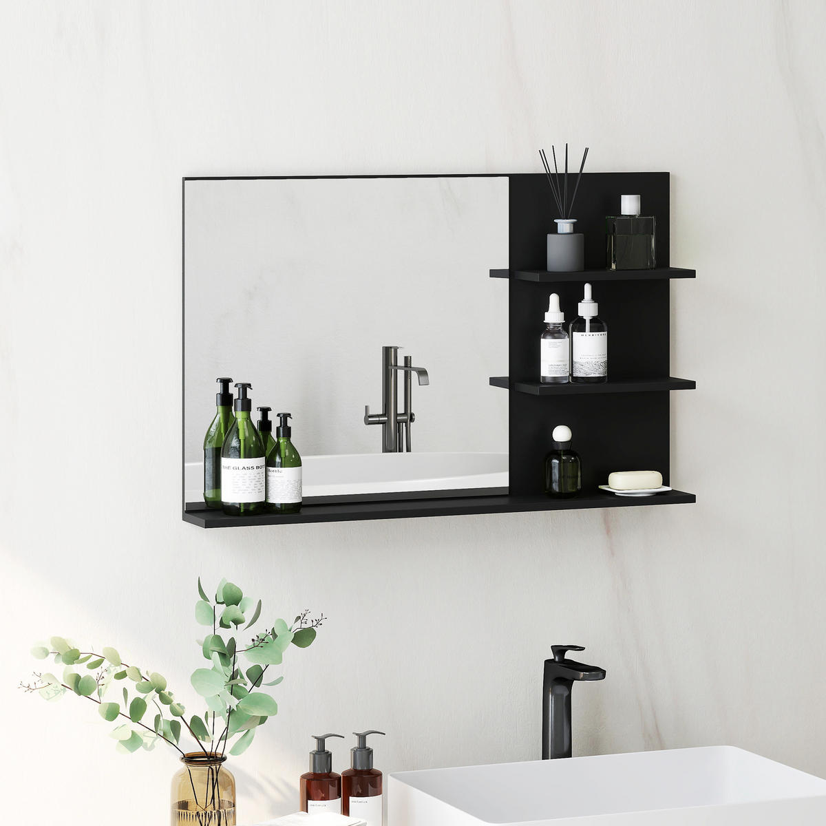 BADEZIMMERSPIEGEL mit zwei seitlichen Ablagen und einer unteren Ablage,, 75 x 10 x 48 cm ,Schwarz - Schwarz, Glas (10/48/75cm) - Vallsero