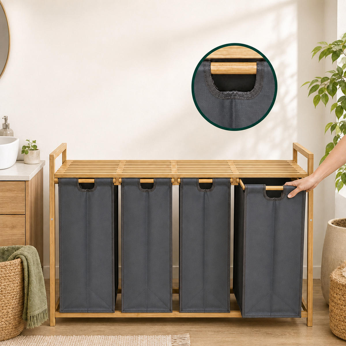 WÄSCHESAMMLER Natur-Grau 4er-Set 1-Ablage Bambus - Multicolor, Holz/Textil (103/77/41.5cm) - Relaxdays