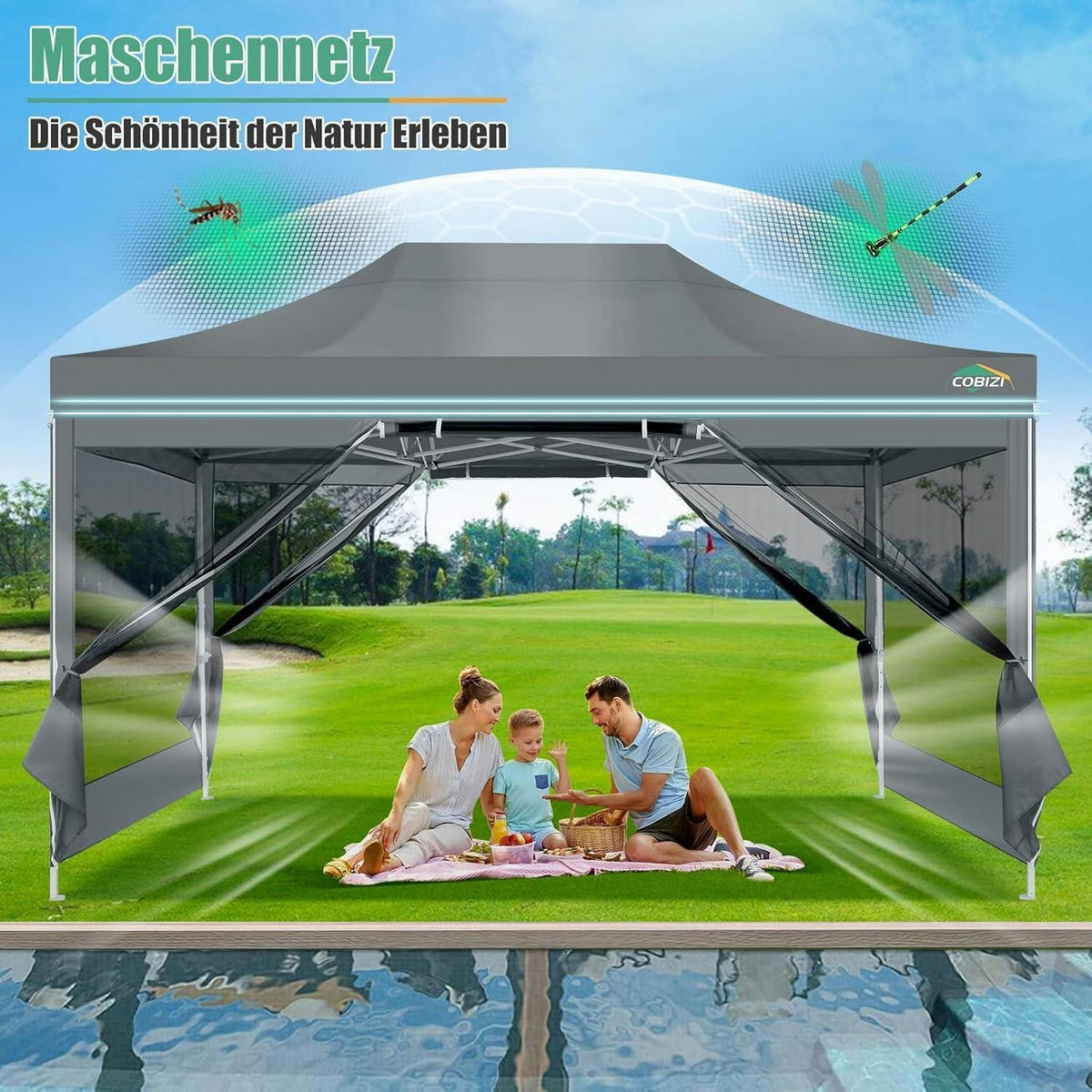 FALTPAVILLON 3x4,5 m mit Moskitonetz und UV-Schutz 50+ Grau - Grau, Textil (300/238/450cm)