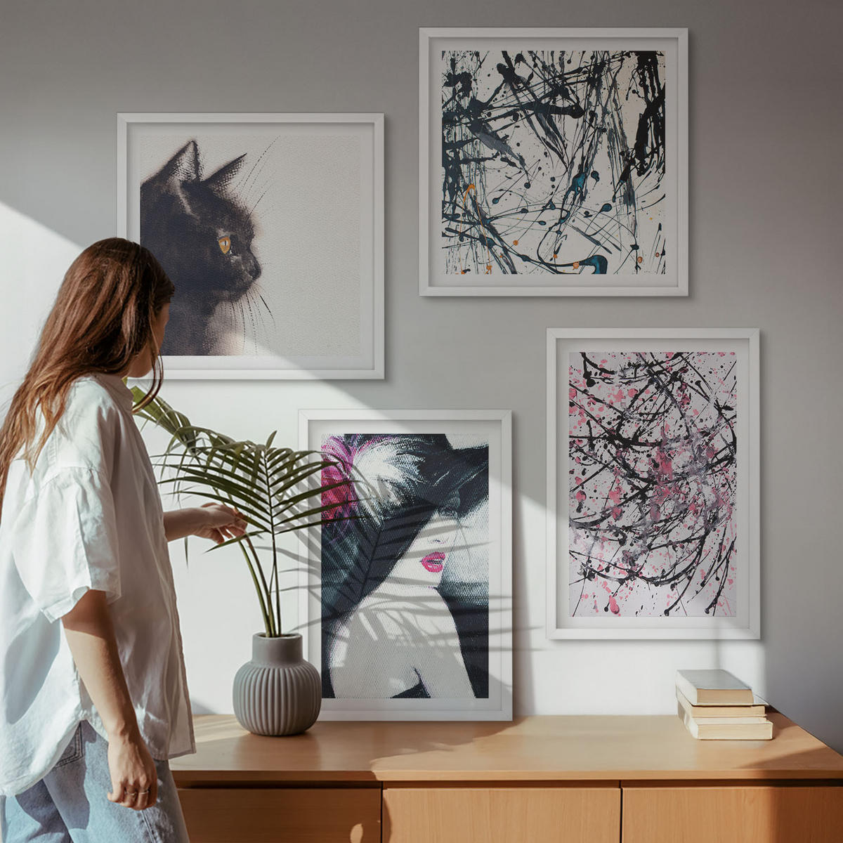 WANDBILDER 4er-Set - 50x50 cm & 40x60 cm Weißer Rahmen - Abstrakte Katzenmalereien - Weiß, Kunststoff (50/50cm) - ArtPrintCave