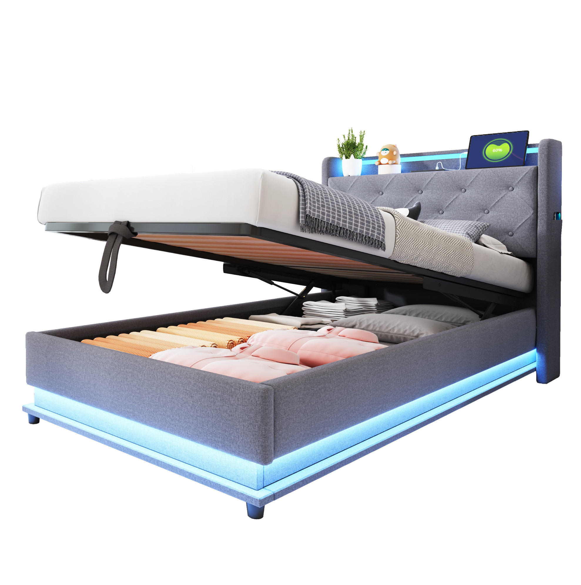 Redom DĚTSKÁ postýlka 90/200 cm s LED osvětlením, USB porty, výklopným čelem a hydraulickým úložným prostorem, Šedá