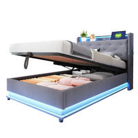 KINDERBETT 90/200 cm mit LED-Beleuchtung, USB, aufklappbarem Kopfteil und hydraulischem Stauraum, Leinenstoff, Grau - Grau, Textil (90/200cm) - Redom