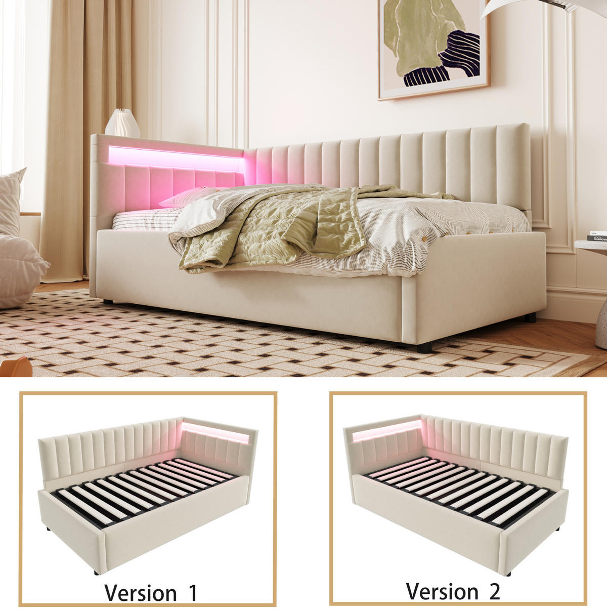 POLSTERBETT Schlafsofa 90/200 cm Beige aus Samt mit LED-Beleuchtung und Stauraum - Beige, Textil (90/200cm) - OKMYHOME