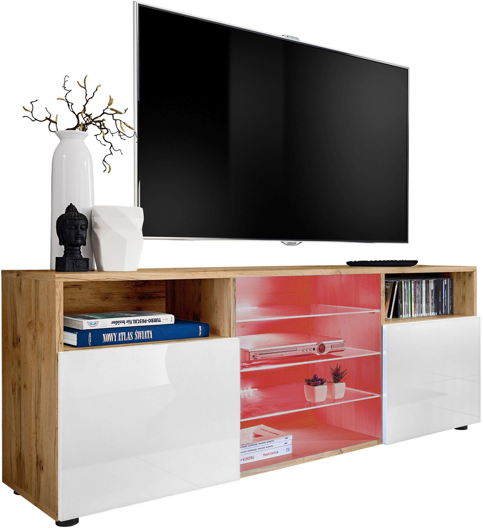 SIDEBOARD TV URBINO Eiche Wotan, LED Beleuchtung Mehrfarbige - Eiche Wotan/Weiß, Glas/Holzwerkstoff (140/53/35cm) - Komodee