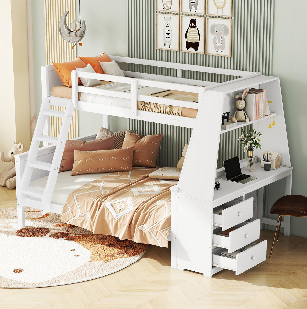 ETAGENBETT aus Kiefern und MDF 90x200/140x200 cm Weiß mit Schreibtisch, Bücherregal und Stauraum - Weiß, Holzwerkstoff (90/200cm) - Modfu