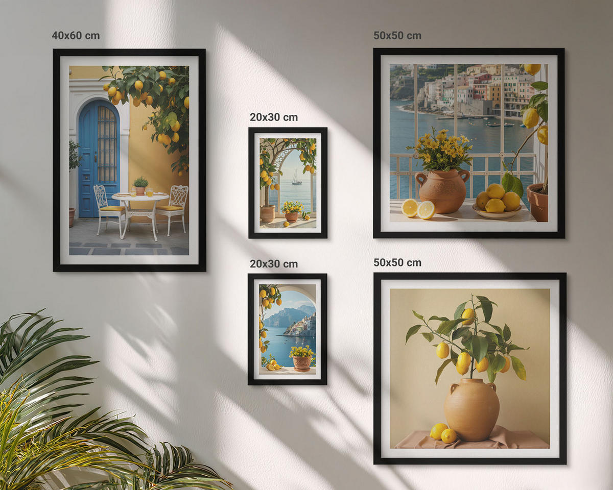 BILDER SET 5er Set - 50x50 cm & 20x30 cm & 40x60 cm Schwarzer Rahmen - Meereslandschaften, Zitronen, Fenster - Schwarz, Kunststoff (40/60cm) - TULUP