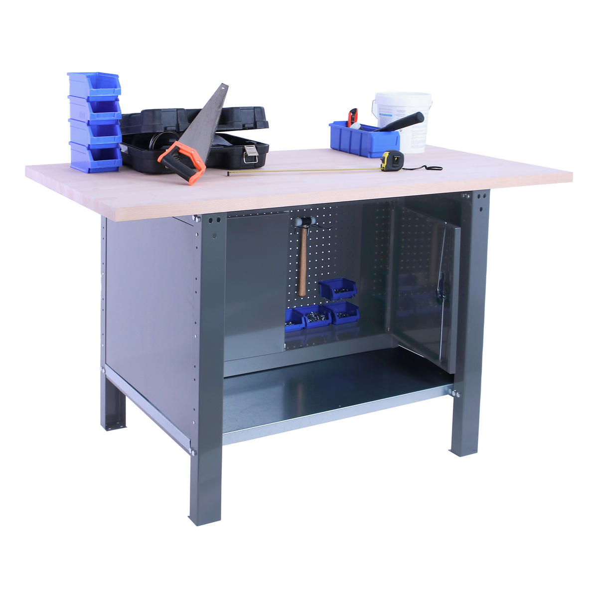 WERKBANK Buffalo Wood mit Schrank HxBxT 86,5 x 180 x 75 cm Traglast 1000 kg Grau - Grau, Metall (180/86.5/75cm) - PROREGAL